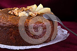 Nuts and honey cake, selective focus