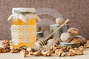 Honey, walnut, sawed wood.