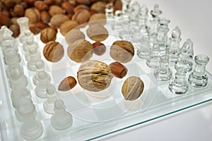 Nuts improve brain efficiency visualization - chess, chessboard with nuts