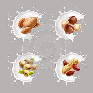 Nuts in milk splash. Hazelnuts, almond, pistachio, peanuts photo
