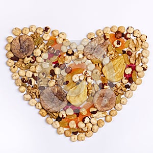 Nuts Mix and Dried Fruits in Heart Shape on White Background Top View Square