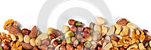 Nuts panorama with a place for text. A mix of peanuts, hazelnuts, walnuts, pistachios, cashews and almonds