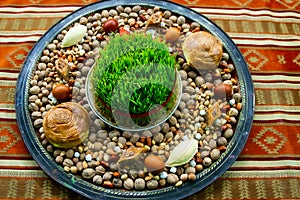 Nuts platter with sweets and Novruz holiday semeni