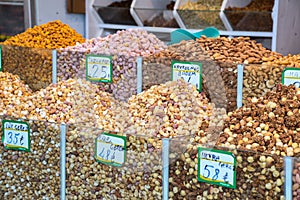 Nuts for sale at the market. Healthy eating concept. Salty snack