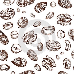 Nuts seamless pattern. Dried fruit and nut endless vector texture