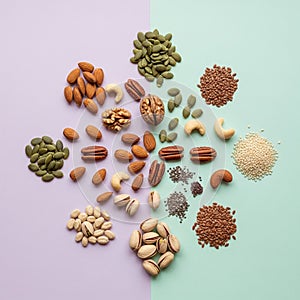 Of nuts and seeds is arranged in a circular pattern on a split light