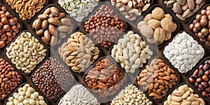 Nuts and seeds background, top view. healthy food in wooden bowls