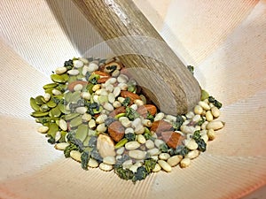 Nuts and seeds in a bowl for pounded tea, Lei Cha