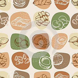 Nuts set vector seamless pattern, various nuts