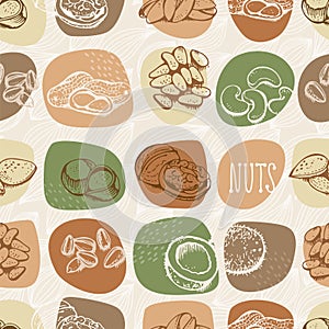 Nuts set vector seamless pattern, various nuts