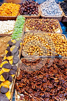 Nuts in shop in La Boqueria Market at Barcelona