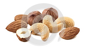 Nuts trail mix, almond, hazelnut, cashews isolated on white background
