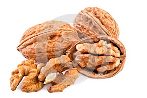 Nuts whole and shelled walnuts isolated on white