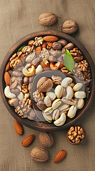 Nutty abundance Various nuts spill from wooden plate on table