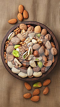 Nutty abundance Various nuts spill from wooden plate on table
