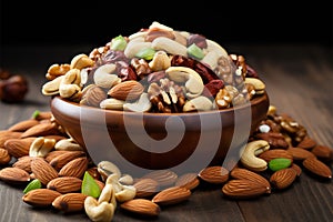 Nutty assortment in a wooden bowl on a rustic gray backdrop