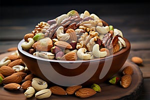 Nutty assortment in a wooden bowl on a rustic gray backdrop