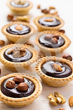 Nutty chocolate dessert small tarts on a white background