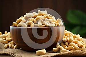 Nutty delight Cashews in a wooden bowl over burlap fabric