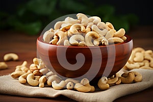 Nutty delight Cashews in a wooden bowl over burlap fabric