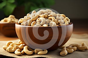 Nutty delight Cashews in a wooden bowl over burlap fabric