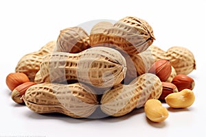 Nutty display Peanuts in shell and peeled, isolated on white