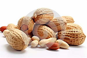 Nutty display Peanuts in shell and peeled, isolated on white