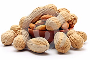 Nutty display Peanuts in shell and peeled, isolated on white