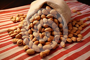 Nutty elegance Peanuts arranged tastefully on a rustic wrapping cloth