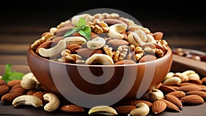 Nutty harmony A variety of nuts in a rustic wooden bowl