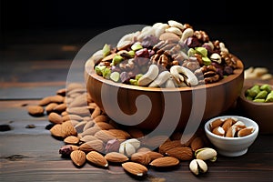 Nutty medley fills a wooden bowl against a muted gray backdrop