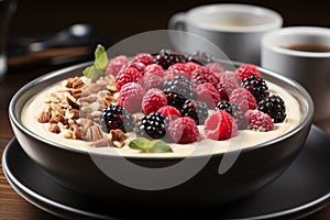 Nutty oatmeal breakfast bowl with assorted nuts and fresh berries for a healthy start to your day