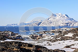Nuuk city suburb colorful landscape, Sermitsiaq mountain