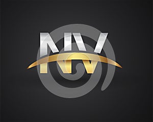 NV initial logo company name colored gold and silver swoosh design. vector logo for business and company identity