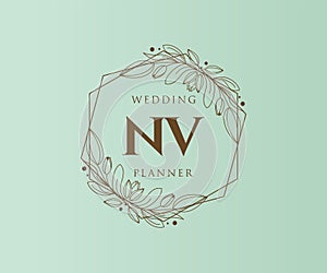 NV Initials letter Wedding monogram logos collection, hand drawn modern minimalistic and floral templates for Invitation cards,