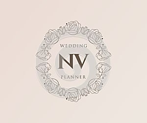 NV Initials letter Wedding monogram logos collection, hand drawn modern minimalistic and floral templates for Invitation cards,