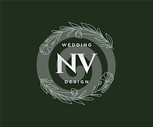 NV Initials letter Wedding monogram logos collection, hand drawn modern minimalistic and floral templates for Invitation cards,