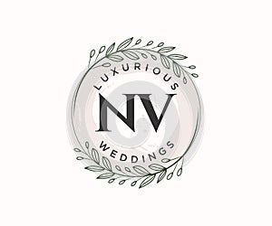 NV Initials letter Wedding monogram logos template, hand drawn modern minimalistic and floral templates for Invitation cards, Save