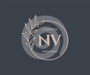 NV Initials letter Wedding monogram logos template, hand drawn modern minimalistic and floral templates for Invitation cards, Save