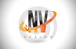 NV N V Letter Logo with Fire Flames Design and Orange Swoosh.