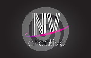 NV N V Letter Logo with Lines Design And Purple Swoosh.