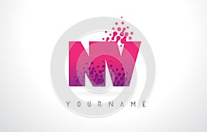 NV N V Letter Logo with Pink Purple Color and Particles Dots Design.