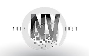 NV N V Pixel Letter Logo with Digital Shattered Black Squares
