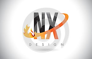 NX N X Letter Logo with Fire Flames Design and Orange Swoosh. photo