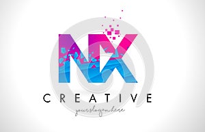 NX N X Letter Logo with Shattered Broken Blue Pink Texture Design Vector. photo