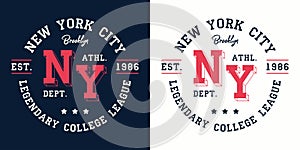 NY college league print for t-shirt design. New York, Brooklyn typography graphics for college apparel. Vector