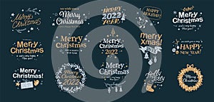 Merry Christmas and Happy New year congratulations designs with hand writing and holiday icons isolated.