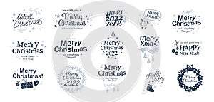 Merry Christmas and Happy New year congratulations designs with hand writing and holiday icons isolated.