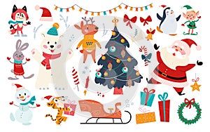 Big set of Christmas decor elements and characters isolated.