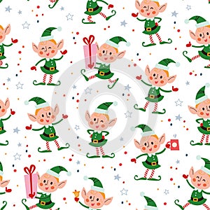 Seamless pattern with funny santa elves characters in hats with gift box, ring bell, hot chocolate cup.